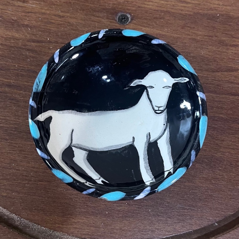 Vtg Hand Painted Ceramic Goat Trinket Dish Black Blue White Folk Art Bowl 3.5"